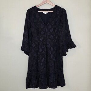 Maeve Christine Dress Women 8 Black Floral Satin Belted Eyelet Lined Whimsigoth